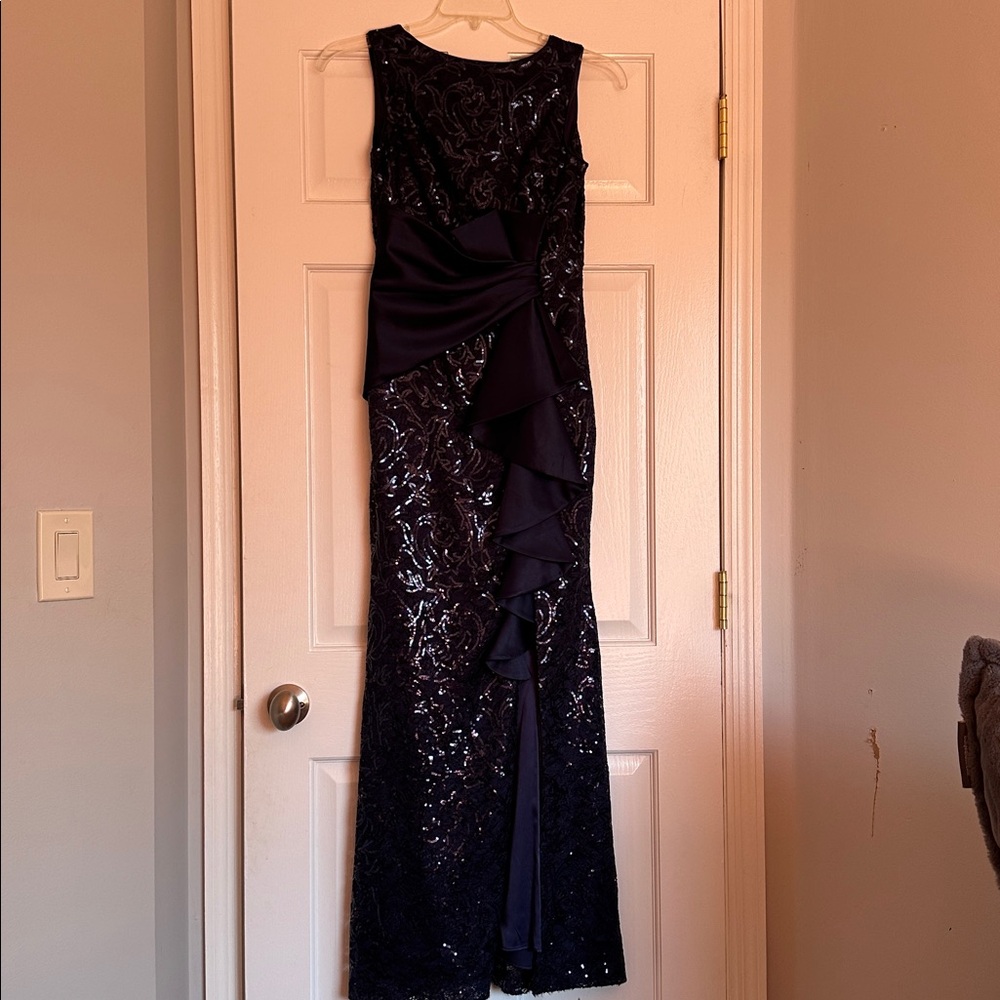 Eliza J. Sequins lace boatneck sleeveless ruffle front slit gown - Picture 6 of 12